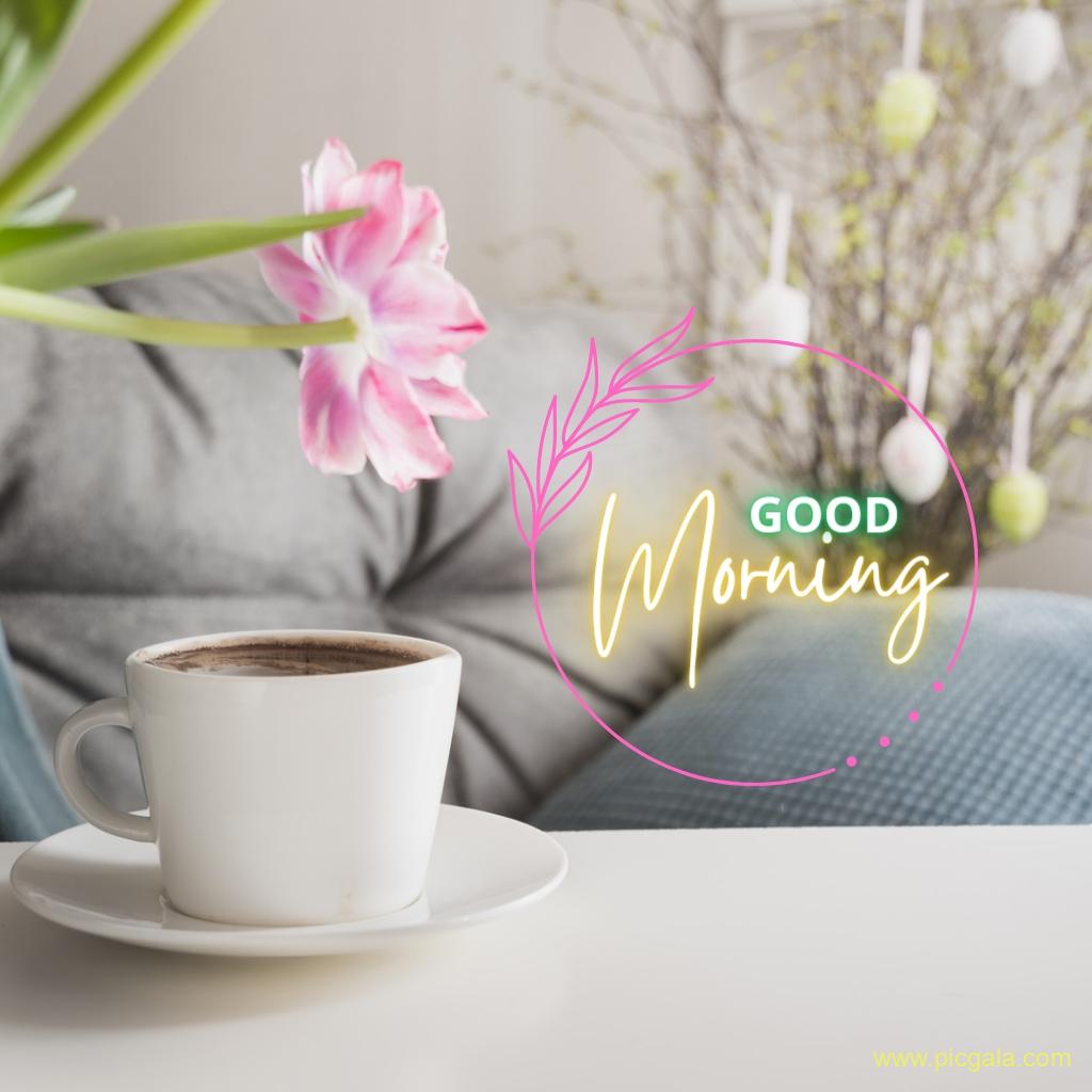 A cup of tea on a table at home. Good morning images